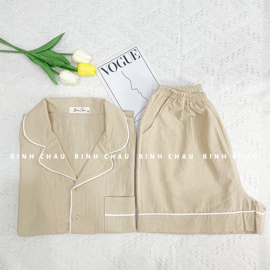 Bộ Pijama Xinh, Đồ Ngủ Dễ Thương Màu Be Chất Vải Cotton Bột - Bình Châu Sleepwear Clothing