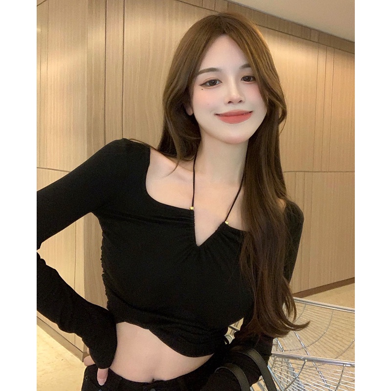 QKOOLE  Áo tay dài  màu trơn hai dây chéo cổ ôm dáng gợi cảm phong cách Hàn Quốc dành cho nữ