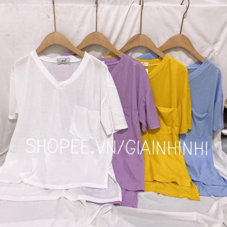 Áo thun giấy cổ tim form rộng có túi ngực, Áo phông giấy ngắn tay dáng rộng AS0976 - NhiNhi Shop New