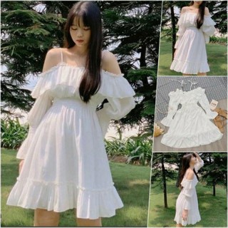 Đầm dây xoè trễ vai trắng bg1