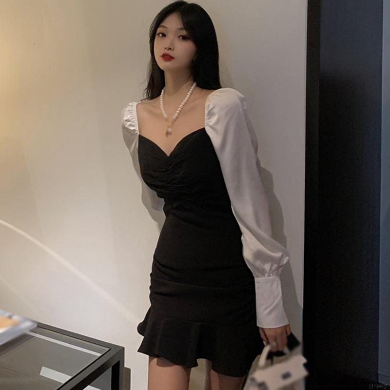 Đầm nữ dài tay cổ chữ V thời trang Hàn Quốc