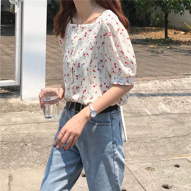 Áo Kiểu Cổ Vuông Hàn Quốc Tay Ngắn