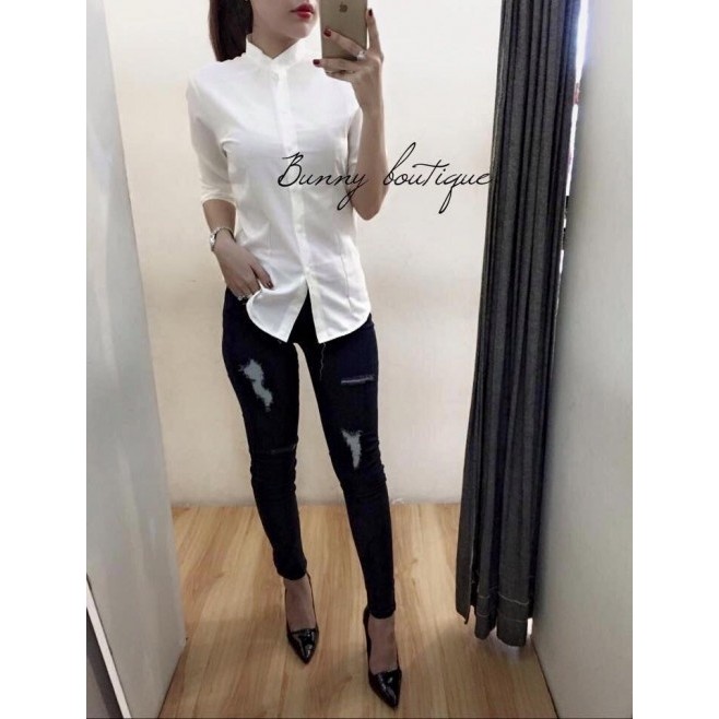 FREESHIP - Áo sơ mi nữ cổ trụ cao cấp màu trắng | BigBuy360 - bigbuy360.vn