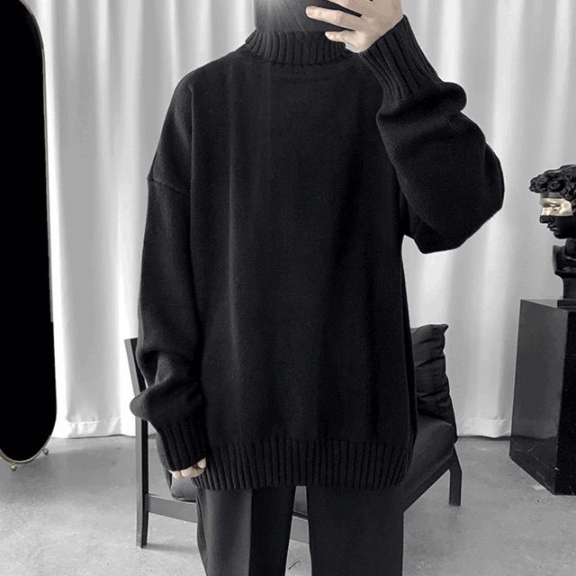 Áo sweater cổ cao dáng rộng màu sắc trơn thời trang thu đông cho nam giới 2021