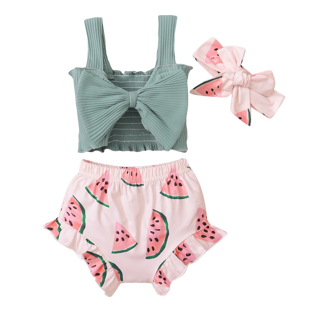 Set Áo dây MIKRDOO phối nơ và Quần ngắn hình dưa hấu có Băng đô năng động cho bé gái