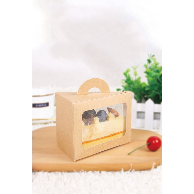 SET 10 hộp đựng bánh bằng giấy kraft hình tam giác có kính trong quai xách tiện lợi| Queen pack