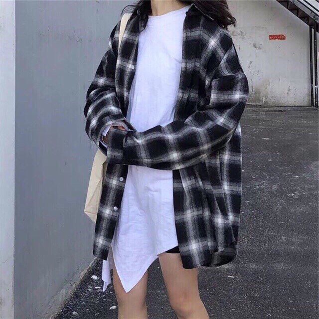 Áo sơ mi Flannel caro không nón nữ Đen Đỏ - Đen Xám chất