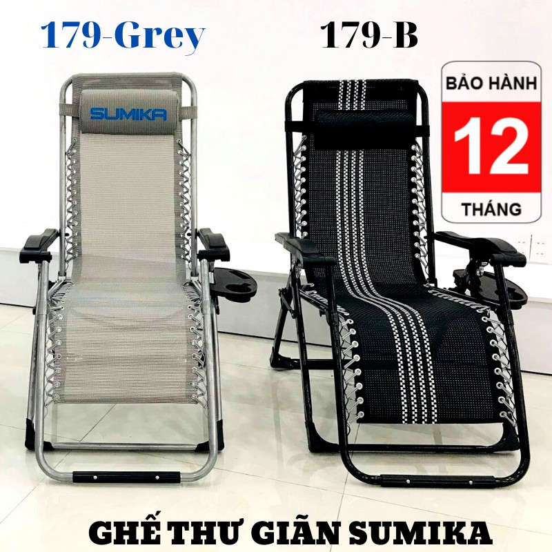 Ghế xếp thư giãn Sumika 179B &amp;179-Grey - Vải lưới đan Textilene + khung ghế bằng thép + Tặng kèm khay để ly