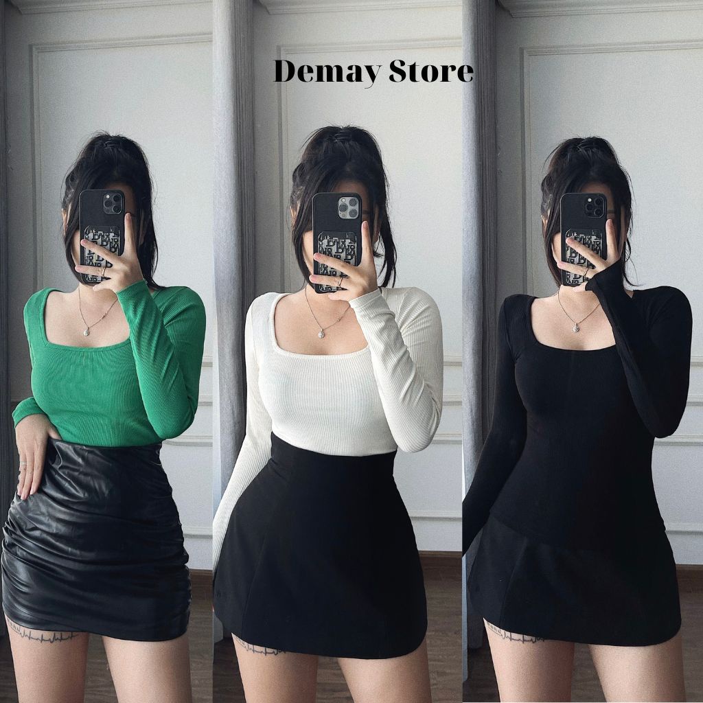 Áo len tăm dài tay cổ vuông H&M 3 màu basic
