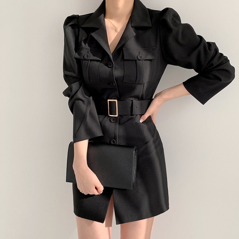 Đầm cổ vest sang trọng kèm đai, đầm vest tôn dáng