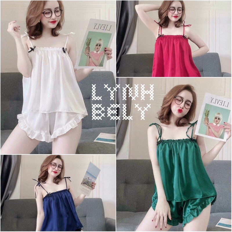 Đồ bộ đùi satin 2 dây trơn bo ngực đính nơ xinh DB0005