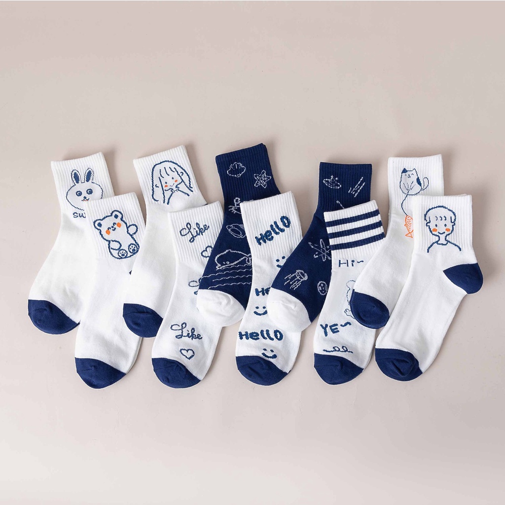 Vớ cotton xanh thoáng khí Tất Vớ cotton cổ cao họa tiết dễ thương thời trang phong cách Hàn Quốc cho nam nữ