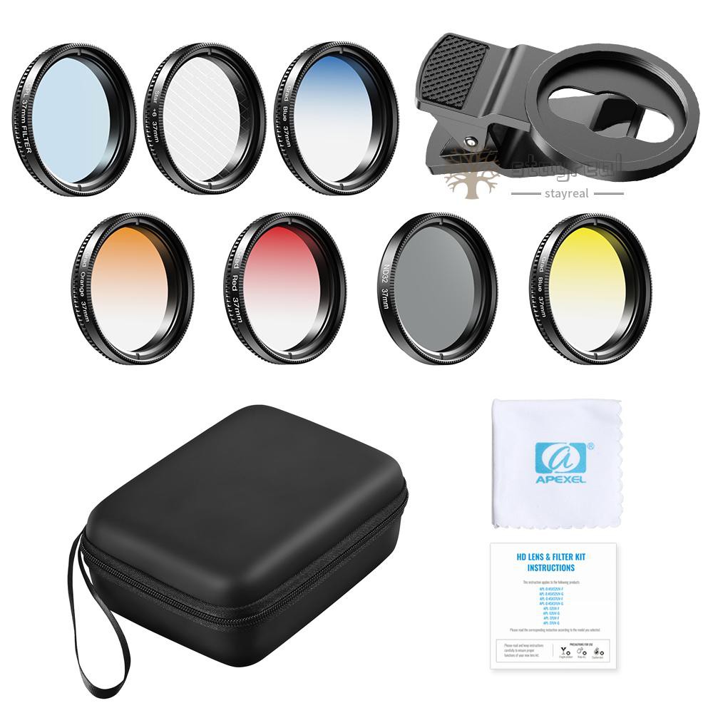 APEXEL APL-37UV-7G Professional 7in1 Phone Graduated Lens Filter Kit 37mm Grad Red Blue Yellow Orange Filters+CPL ND Star Filters Compatible with    Most Smartphones and Camera Lenses with 37mm Thread