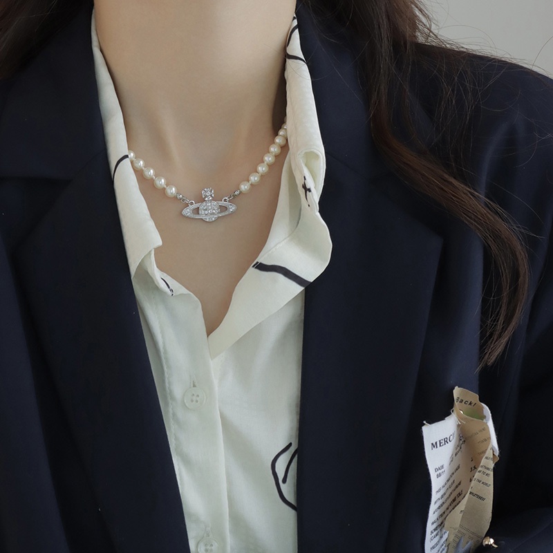 Toàn Bộ Vòng cổ Ngọc Trai Kim Cương Saturn Thiết Kế Đơn Giản Chất Lượng Cao