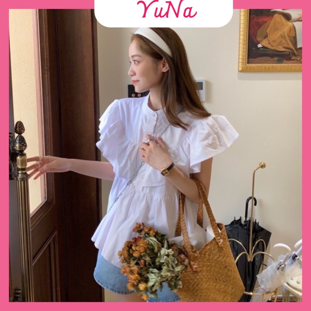 Áo sơ mi babydoll YUNA cộc tay cổ trụ tay bồng siêu trẻ trung dễ thương, thời trang nữ YUNA