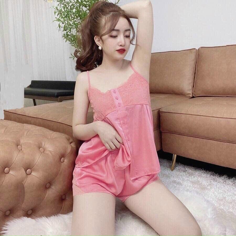 Set đồ ngủ đùi 2 dây phi bóng phối ren quyến rũ tôn dáng tôn da | BigBuy360 - bigbuy360.vn