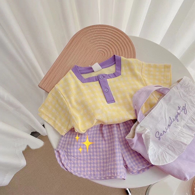 Set Áo Thun Cotton Ngắn Tay Và Quần Short Sọc Ca Rô Màu Tím Thời Trang Mùa Hè Hàn Quốc Mới Cho Bé Gái 2023