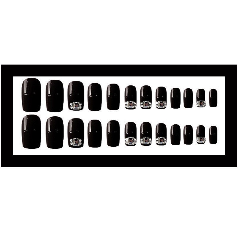 Set 24 móng tay giả đính đá cao cấp sơn gel đen sang chảnh tặng kèm keo