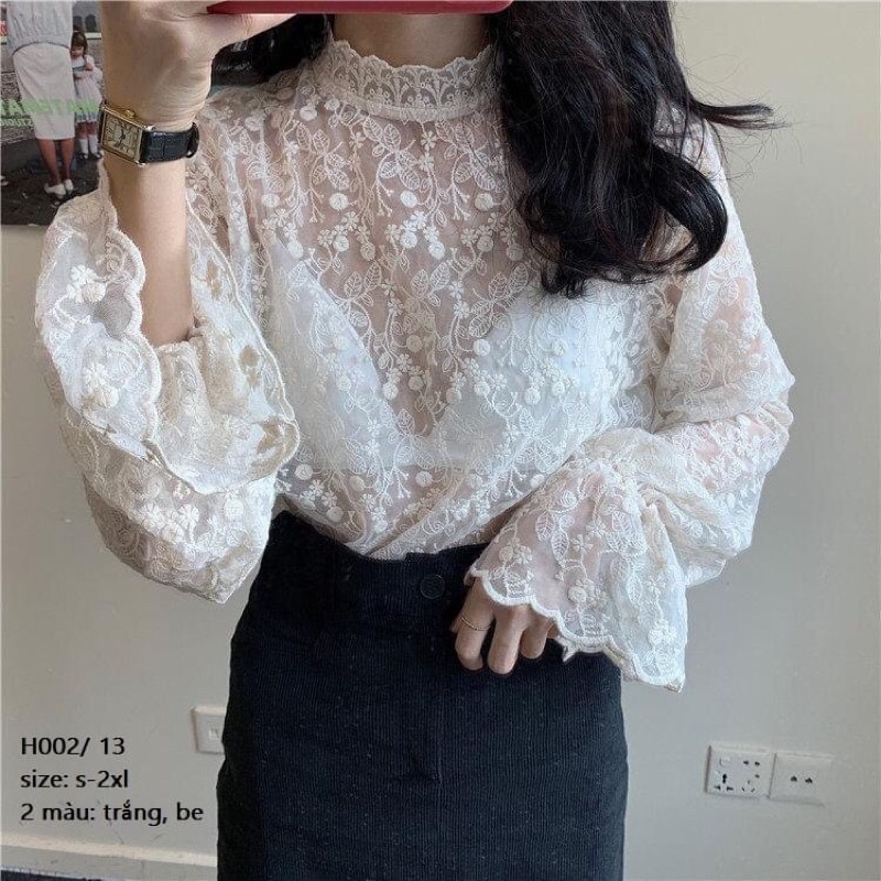 Áo sơ mi ren mỏng cổ 3p họa tiết hoa nổi - bo tay công chúa bánh bèo