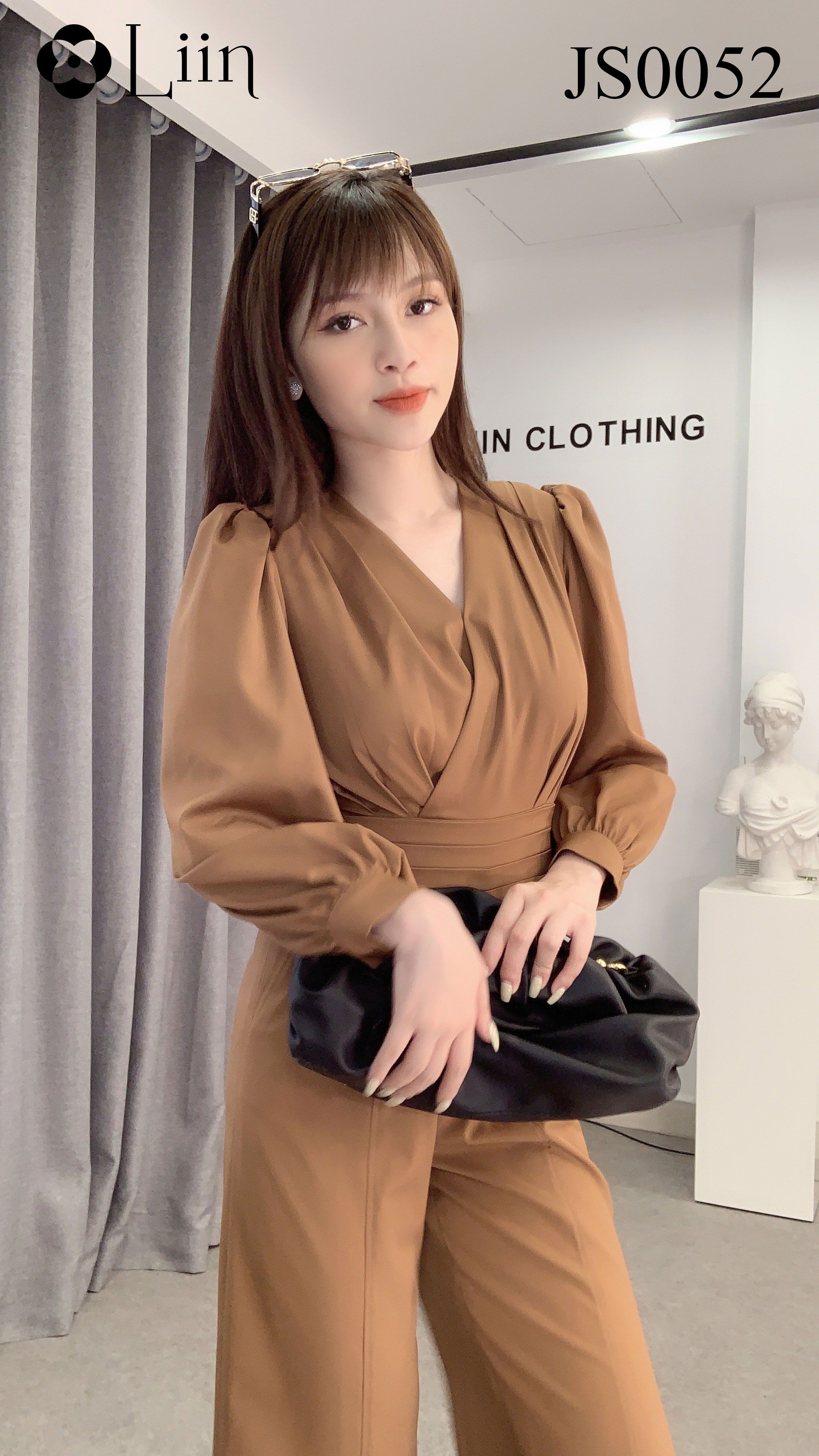 Jumsuit nữ màu Nâu dáng Dài thiết kế cổ V, ôm eo tôn dáng Liin Clothing JS0052