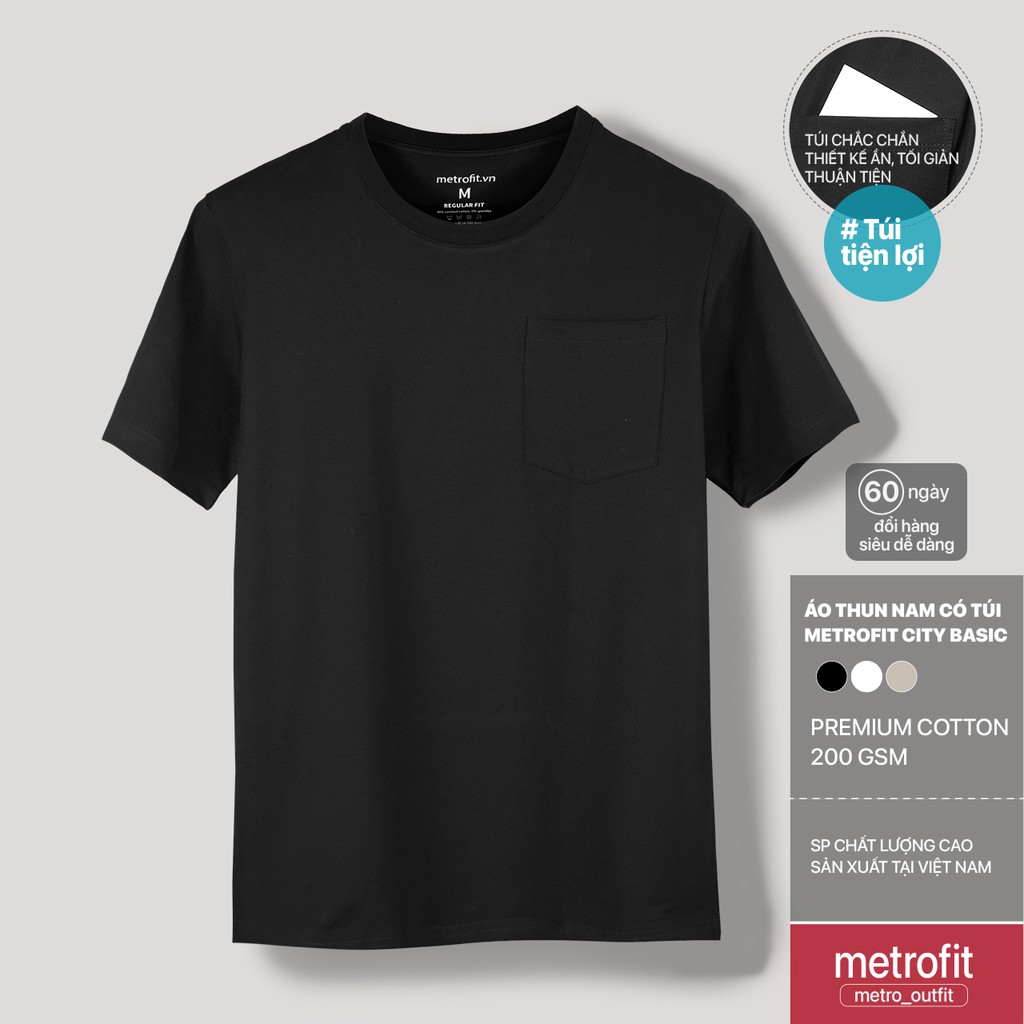 Áo Thun Nam Có Túi Dày Dặn Màu Trơn Đen Trắng Be, Thấm Hút, Mát Lạnh METROFIT CITY BASIC | BigBuy360 - bigbuy360.vn