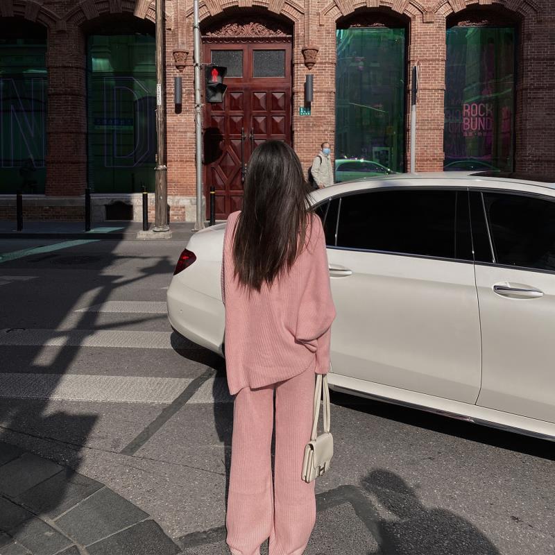 Bộ Đồ Dệt Kim!F &amp; X Bộ Áo Sweater Dệt Kim Cổ Chữ v Dáng Rộng + Quần Ống Rộng Lưng Cao Thời Trang Thu Đông Dành Cho Nữ