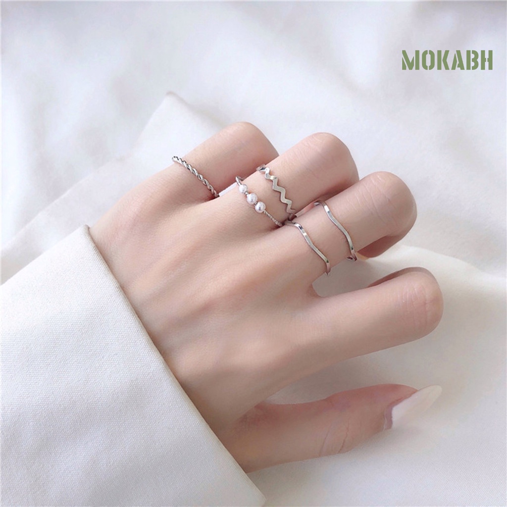 Set 5 Nhẫn Đính Ngọc Trai Giả Phong Cách Nhật Hàn Cho Nữ