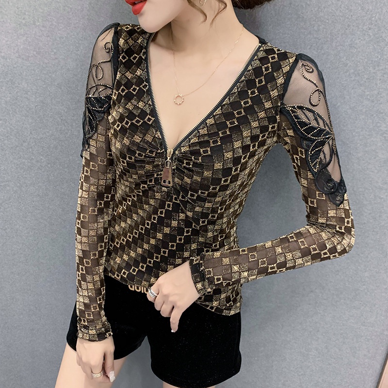Áo lưới dài tay Áo thun dài tay nữ Cổ Chữ v In Họa Tiết Da Báo Phong Cách Mới
