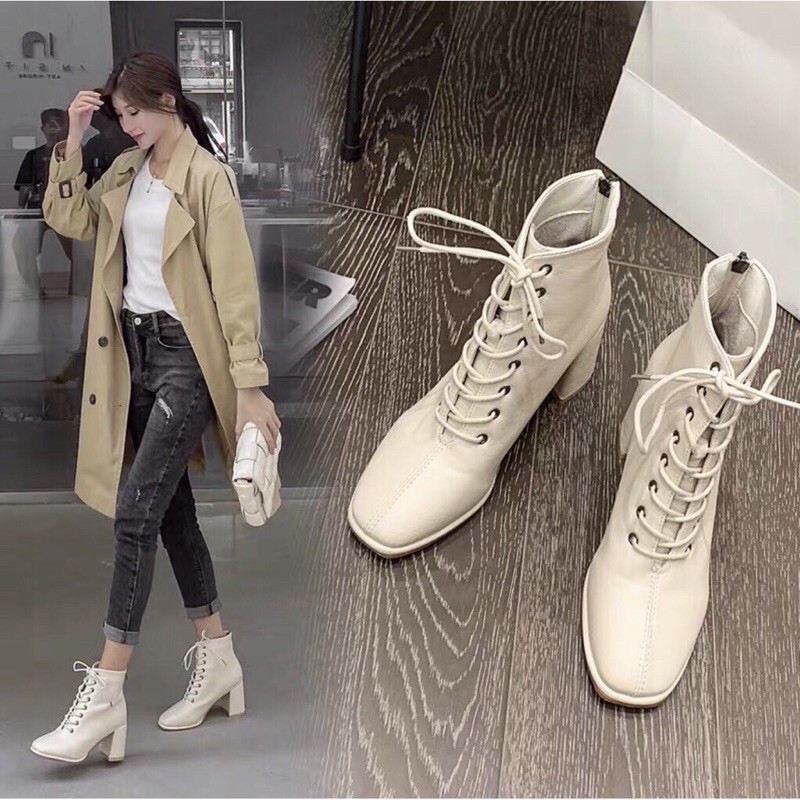 Bốt da nữ cổ cao dây Đan đế vuông cao 5 cm .
