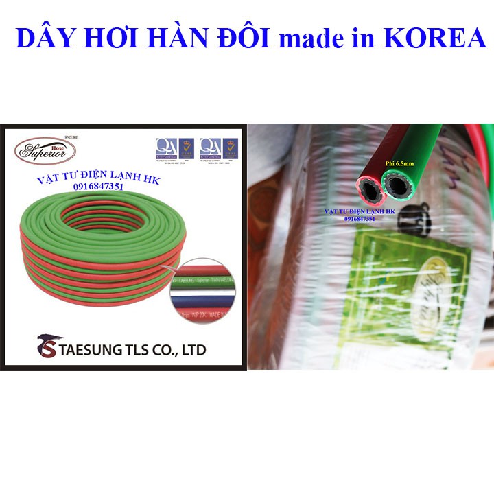 Ống dây hàn hơi gió đá dẫn khí đôi, dây oxy gas 6.5mm 8mm Hàn Quốc - bán theo mét