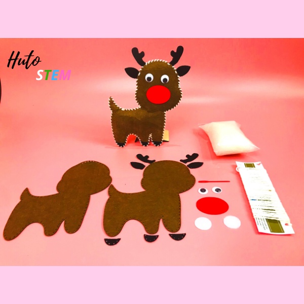 Thú Nhồi Bông DIY Bằng Vải Nỉ, Hai Thú Nhồi Bông Noel Size lớn, Full phụ kiện + Tặng kèm đèn nháy và stickers tự cắt dán