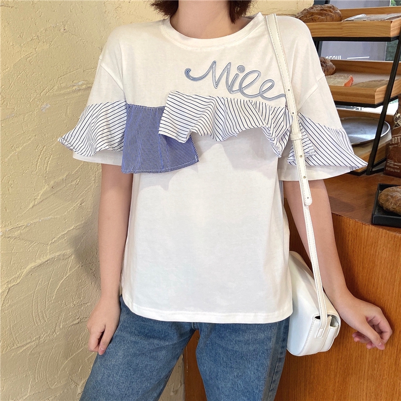 SUXI Áo Thun Tay Ngắn Cổ Tròn Phối Bèo Phong Cách Hàn Quốc Cho Nữ