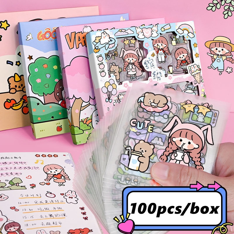 Set 50 / 100 / 300 Nhãn Dán Hoạt Hình Dễ Thương Chống Thấm Nước Trang Trí Sổ Tay / Nhật Ký DIY