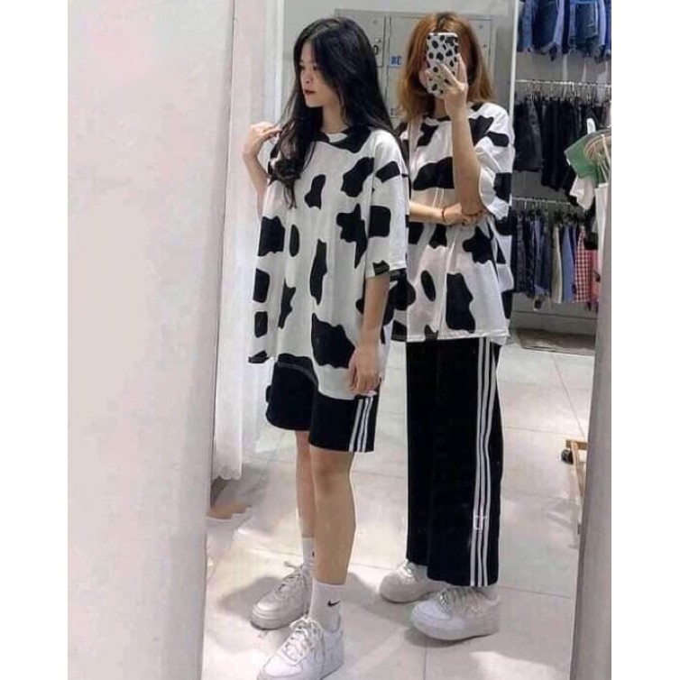 Bộ bò sữa kèm quần đùi 3 sọc, Bộ mặc nhà họa tiết bò sữa unisex