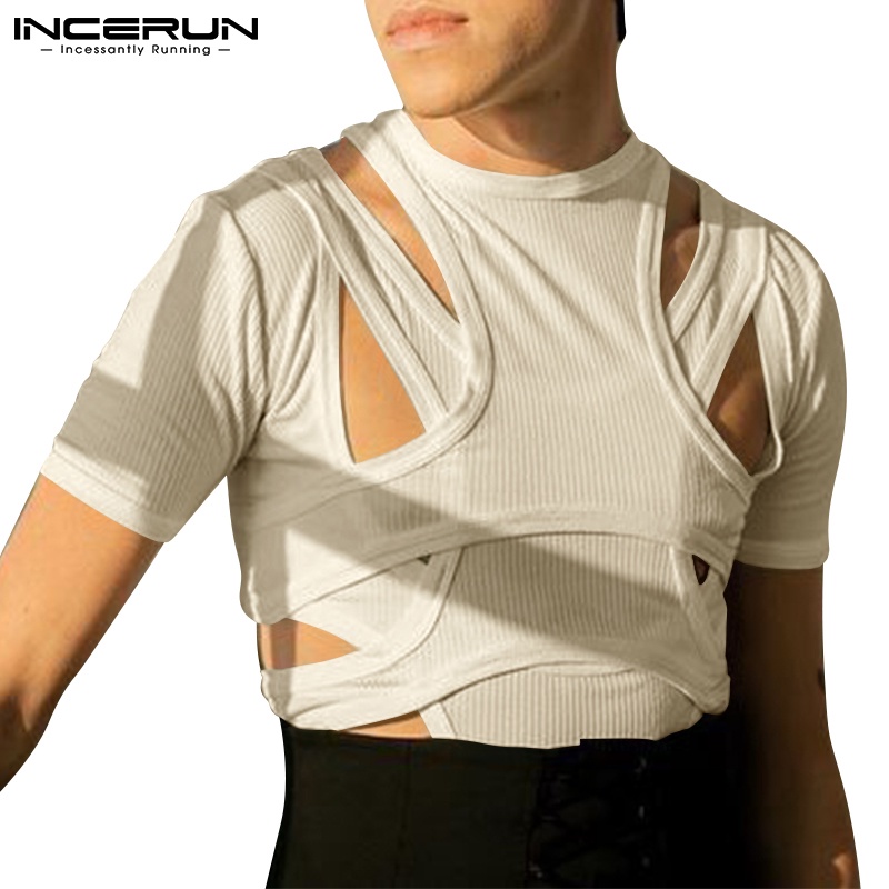 Áo thun INCERUN tay ngắn cổ tròn màu trơn đơn giản cho nam