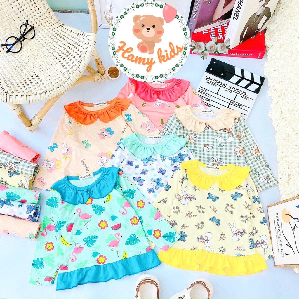 Bộ Dài Tay Minky Mom Chính Hãng Bé Gái Vải Thun Lạnh Hoa Văn Cute Cho Bé 0-5 Tuổi Dưới 20kg - Hamykids