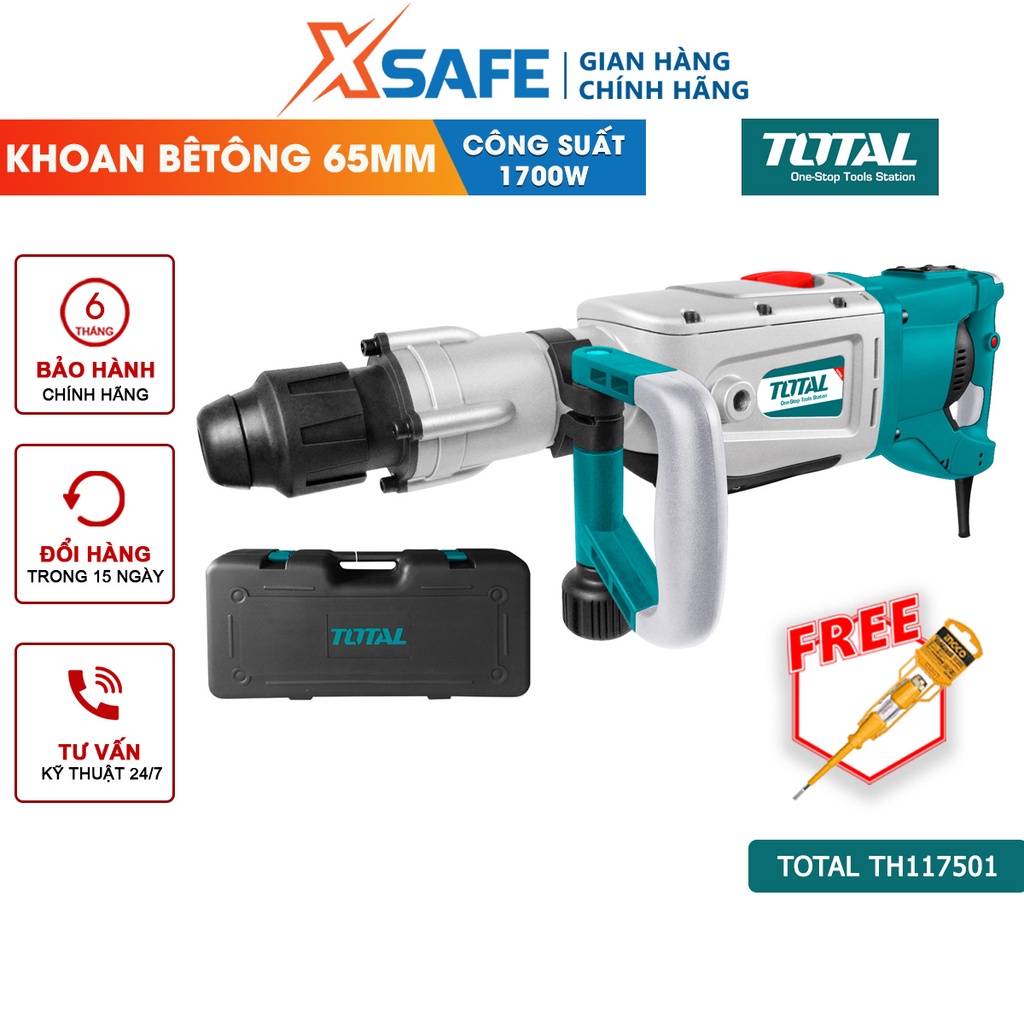 Máy khoan búa cầm tay TOTAL TH117501 1700W chức năng đục và búa, tốc độ 200-340rpm, tốc độ đập 1150-1850bpm, lực đập 27j