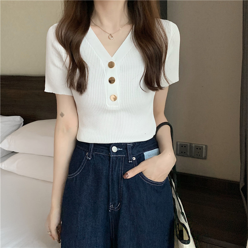 Áo thun dệt kim ngắn tay cổ V thời trang trẻ trung dành cho nữ