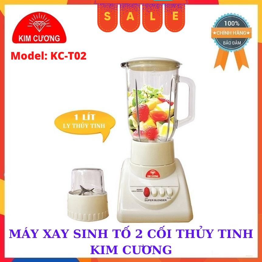 Máy xay sinh tố 2 cối thuỷ tinh Kim Cương KC-T02, máy xay thực phẩm công suất mạnh mẽ 350W, Môtơ bằng Đồng