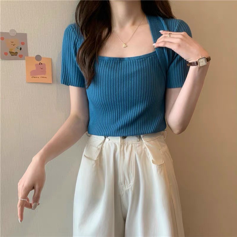 Áo Thun Bo Gân Mịn Tay Ngắn Cổ Vuông Sâu Xinh Đẹp TTVV0361