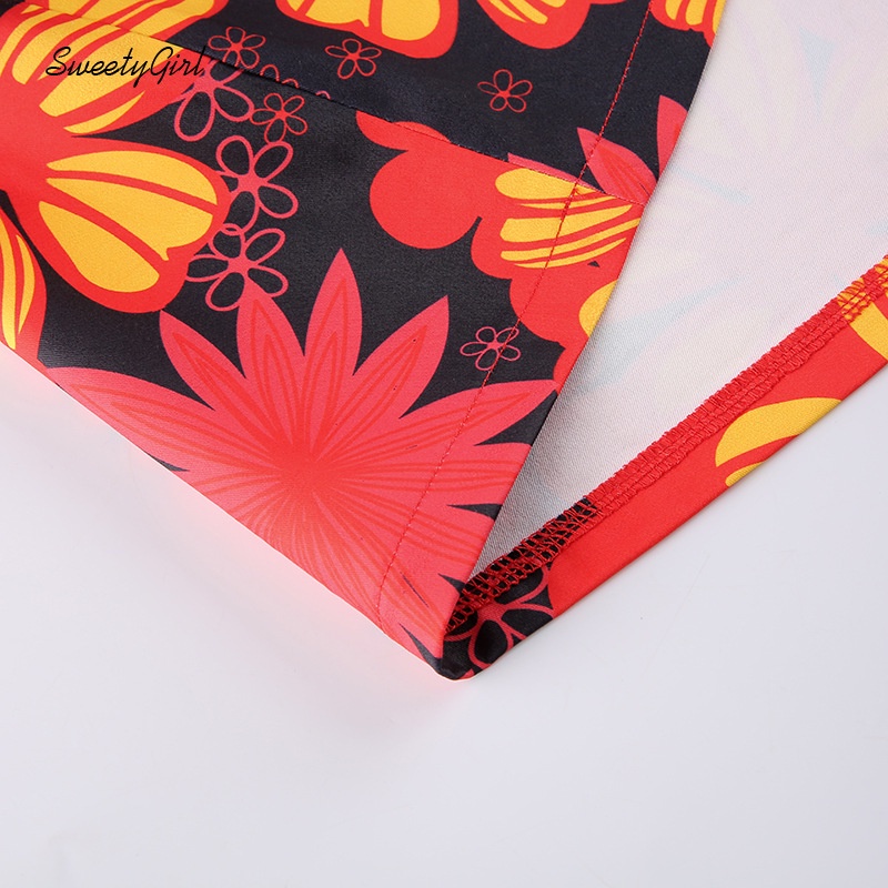 Chân Váy Mini Lưng Cao Phối Nút In Họa Tiết Hoa Màu Sắc Tương Phản Thời Trang Cho Nữ