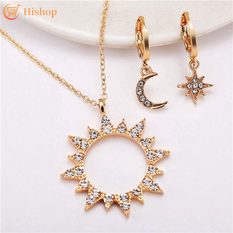 Bộ Dây Chuyền+Bông Tai Hishop Hình Mặt Trăng/ Ngôi Sao/ Mặt Trời Thời Trang Cho Nữ (Có Bán Lẻ Dây Chuyền)