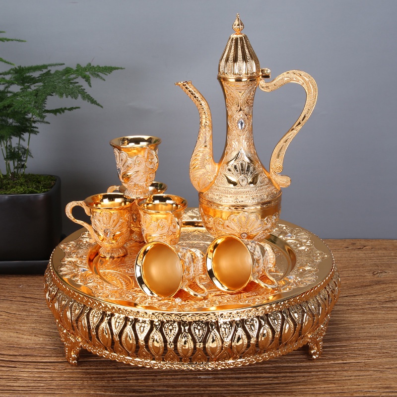Bộ Ấm Chén Đồng Mạ Vàng Hoàng Gia Khay Cao Sang Trọng, Bộ Bình Ly Kèm Khay Đựng Trang Trí Phòng Khách