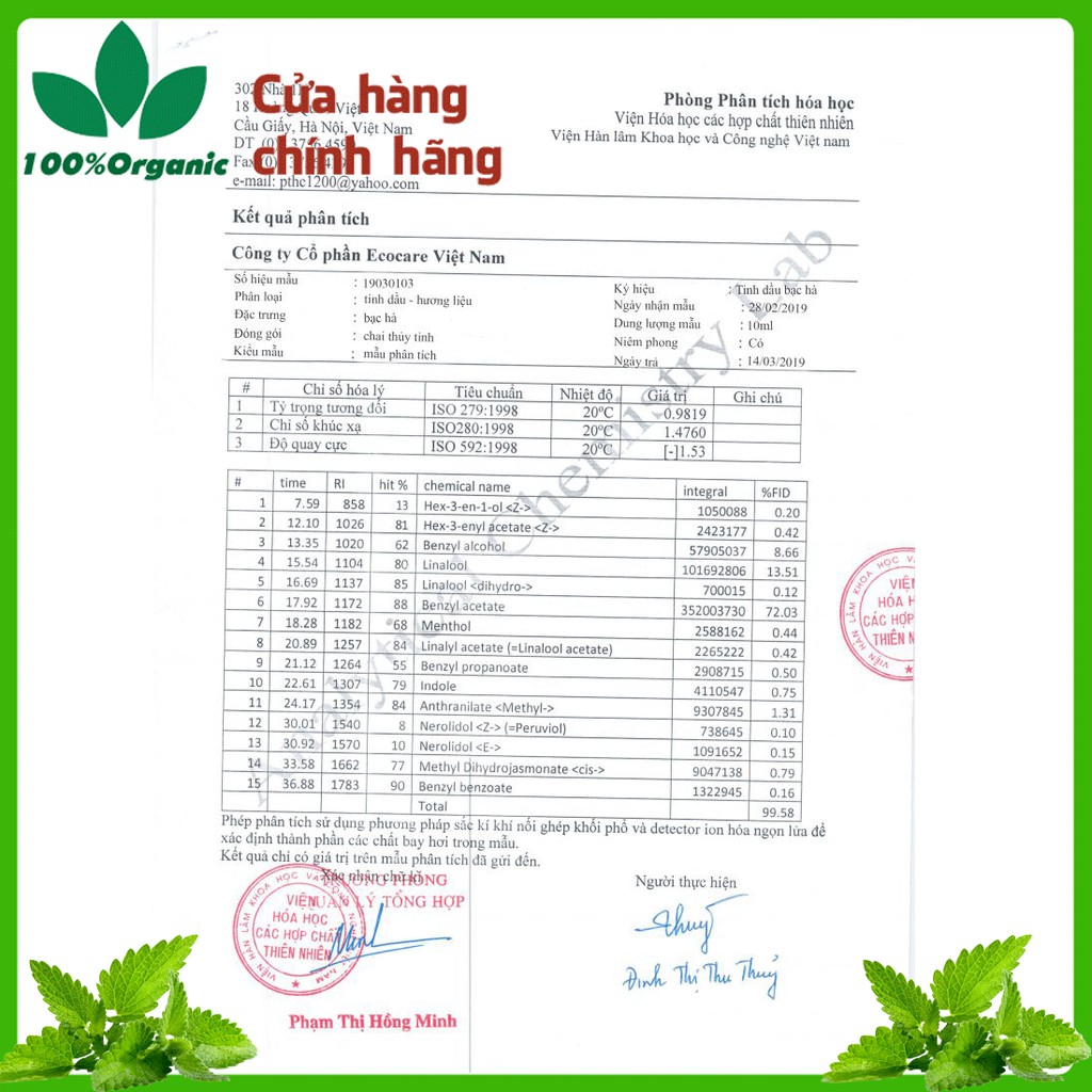 Tinh dầu bạc hà Ecocare chai 10ml, dạng treo 7ml