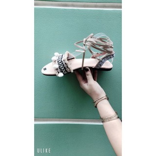Giày sandal thổ cẩm cột dây màu da (hình thật)