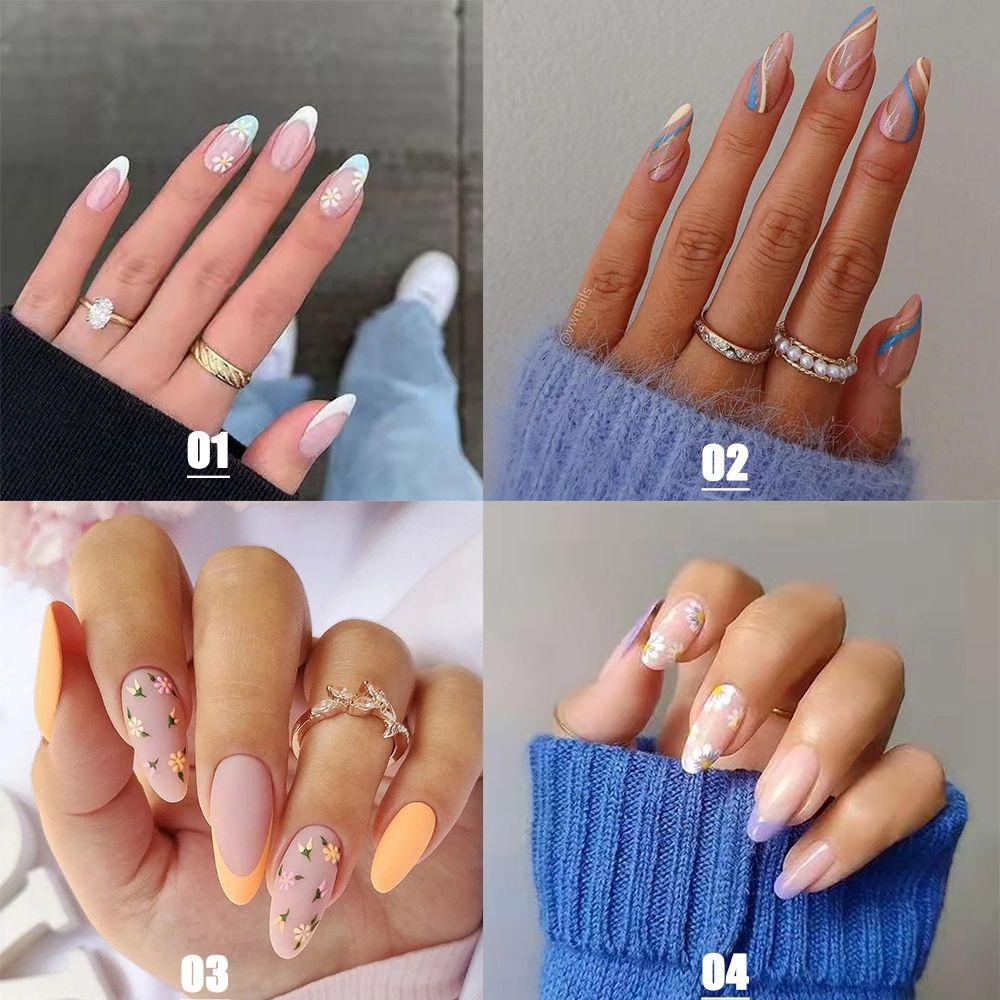 MAX=&gt; 24pcs/Box Press On Nails Wearable Detachable Nail Tips Flower Almond False Nails Artificial Women Fashion Manicure Tool Full Cover French Fake Nails