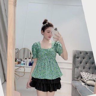Áo peplum cổ vuông dúm chiết chân ngực tay phồng ngắn 0ACR.00084
