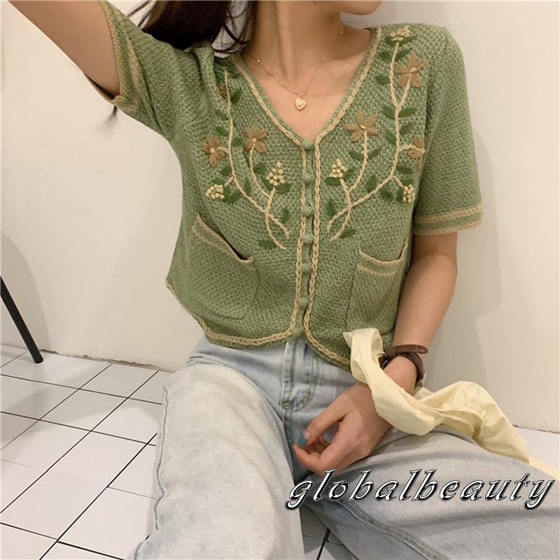 Áo Cardigan Tay Ngắn Cổ Chữ V Thêu Họa Tiết Thời Trang Cho Nữ