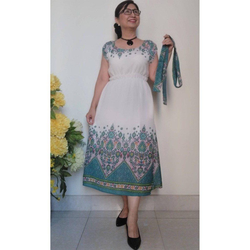 Size L, XL, 2XL  Giá sốc - Đầm Trung Niên Nhún Eo Thun - Vải Cotton Mềm Mỏng - Kiểu Xòe Dài