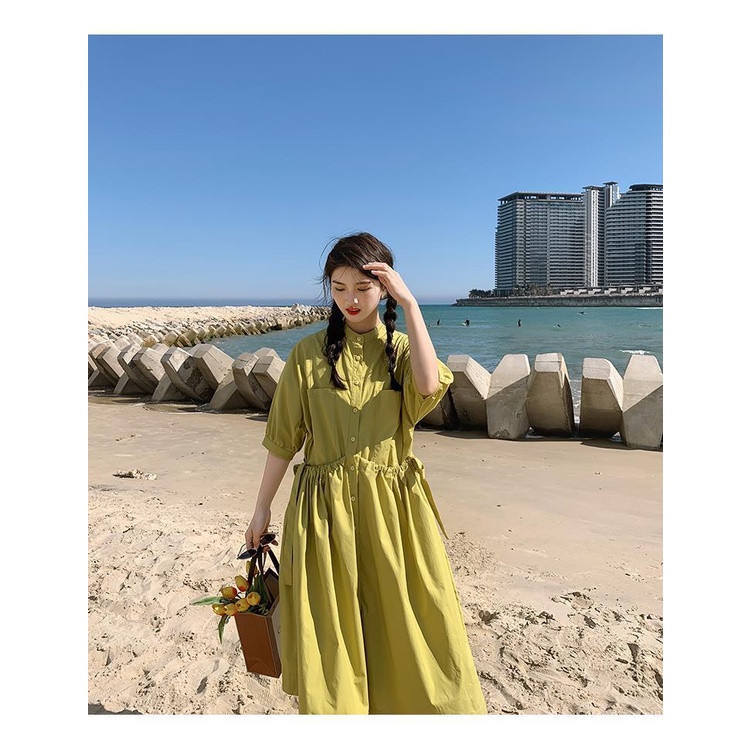 Đầm dáng chữ A tay phồng màu xanh lá nhạt phong cách Hàn Quốc dễ thương dành cho nữ
